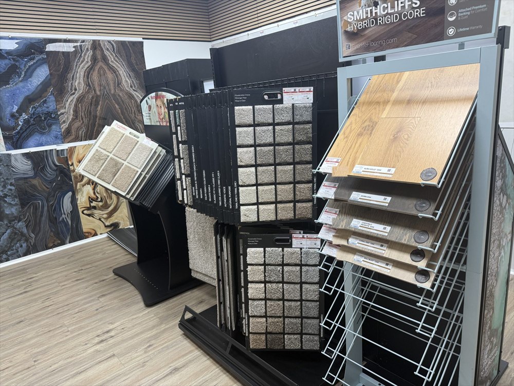 Carpet and flooring sample racks in the showroom
