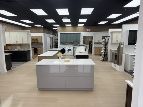 The showroom floor, with a grey gloss island on display
